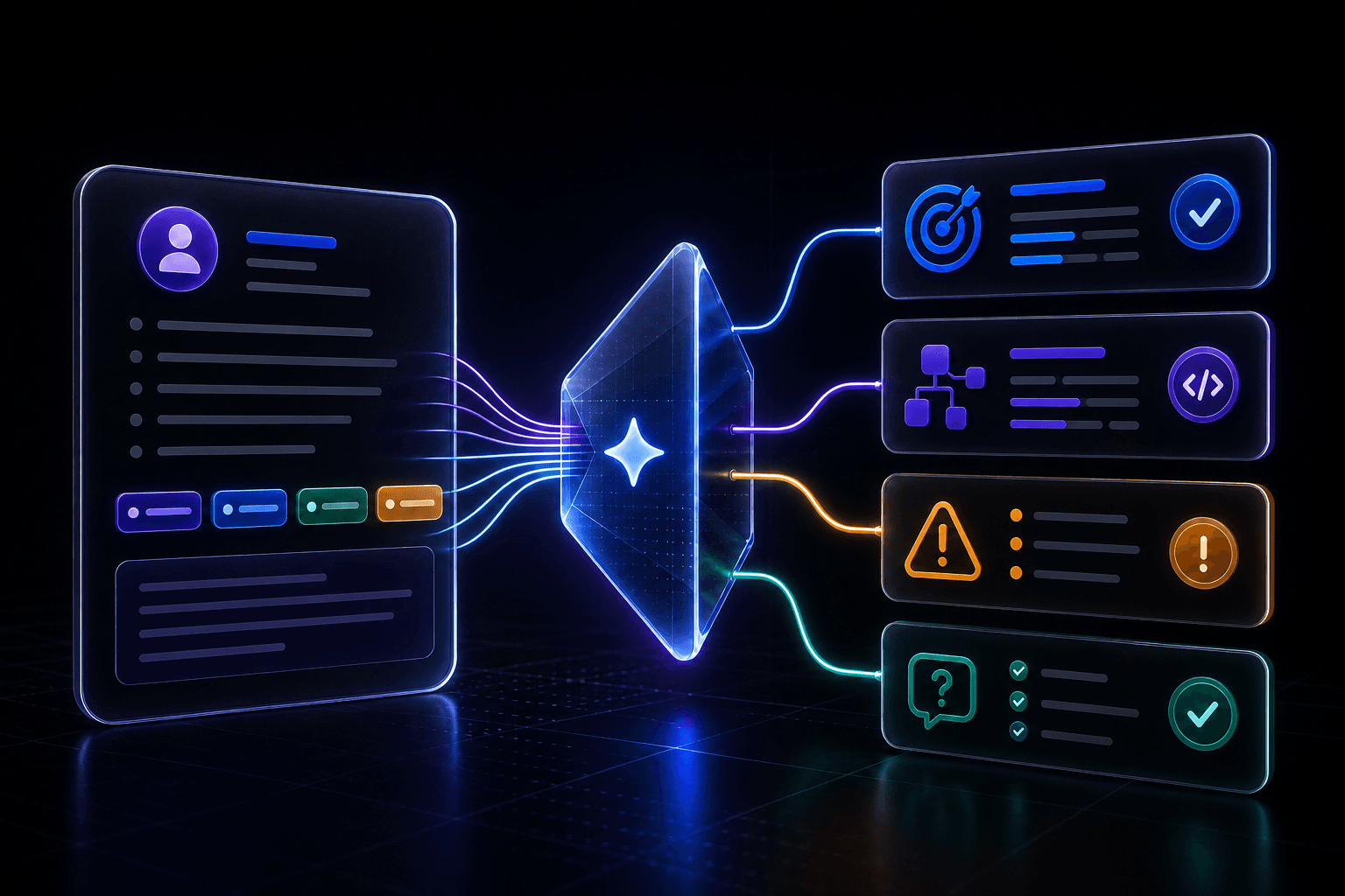 A software engineer resume transforming into illuminated evidence risk and interview cards on a black background